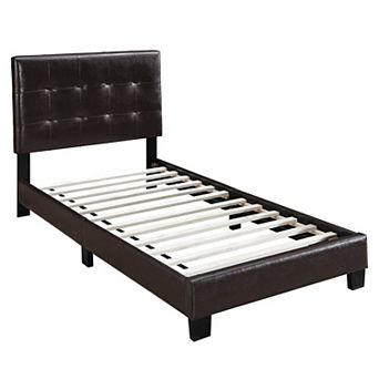 Twin Leatherette Bed with Checkered Tufted Headboard, Dark Brown