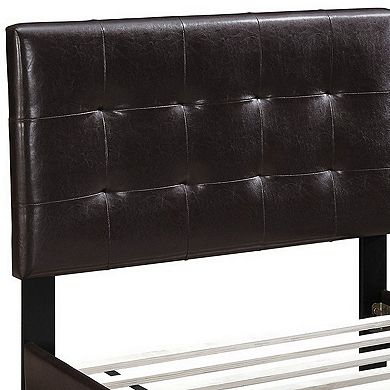 Twin Leatherette Bed with Checkered Tufted Headboard, Dark Brown