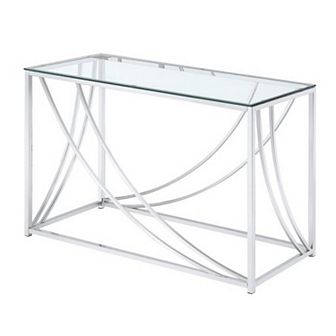 Glass Top Rectangular Sofa Table with Swooping Curves, Clear and Silver
