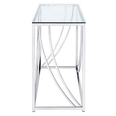 Glass Top Rectangular Sofa Table with Swooping Curves, Clear and Silver