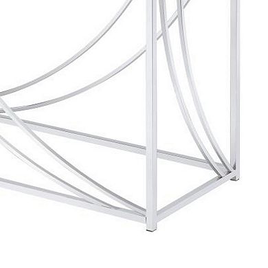 Glass Top Rectangular Sofa Table with Swooping Curves, Clear and Silver