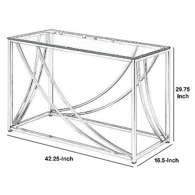 Glass Top Rectangular Sofa Table with Swooping Curves, Clear and Silver