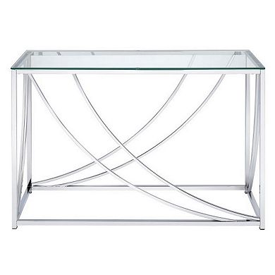 Glass Top Rectangular Sofa Table with Swooping Curves, Clear and Silver