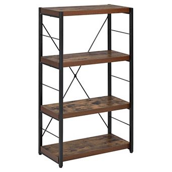 4 tier d Metal Framed Wooden Bookshelf, Weathered Oak Brown and Black