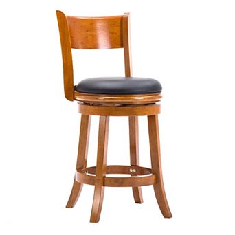 Sabi 24 inch Swivel Counter Stool, Solid Wood, Faux Leather, Brown, Black