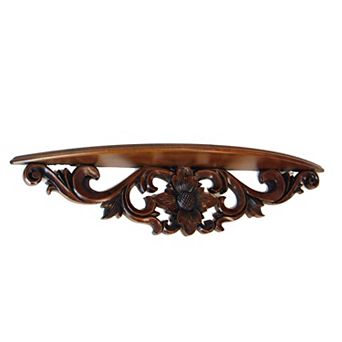 Hand Carved Wooden Moonbay Wall Shelf in Floral Design, Brown
