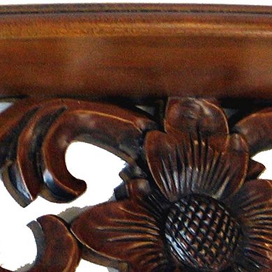 Hand Carved Wooden Moonbay Wall Shelf in Floral Design, Brown