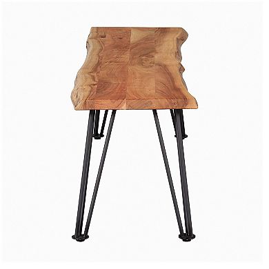 Wooden Dining Bench with Live Edge Details and Metal Legs, Brown
