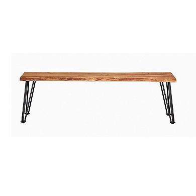 Wooden Dining Bench with Live Edge Details and Metal Legs, Brown