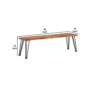 Wooden Dining Bench with Live Edge Details and Metal Legs, Brown