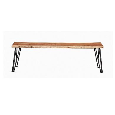 Wooden Dining Bench with Live Edge Details and Metal Legs, Brown