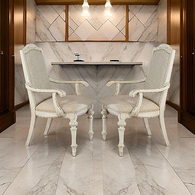 Rustic Wooden Arm Chair with Intricate Carvings, Set of 2, Antique White