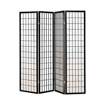 4 Panel Foldable Wooden Frame Room Divider with Grid Design, Black
