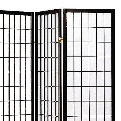 4 Panel Foldable Wooden Frame Room Divider with Grid Design, Black