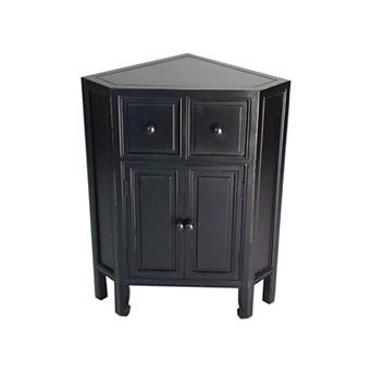 34 Inch Wooden 2 Door Corner Cabinet with 2 Drawers, Black
