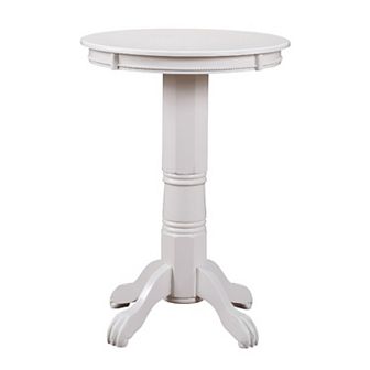 Ava 42 Inch Wood Pub Bar Table, Molded Trim, Carved Pedestal, White
