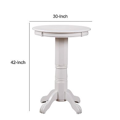 Ava 42 Inch Wood Pub Bar Table, Molded Trim, Carved Pedestal, White