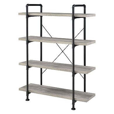 56 Inch 4 Tier Metal and Wooden Bookcase, Black and Gray