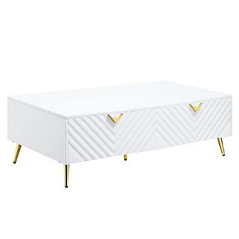 Tyra 53 Inch Modern Coffee Table, 2 Drawers, Metal Handles, White, Gold