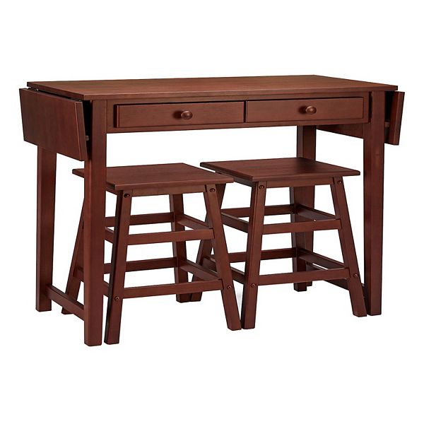 3 Piece Handcrafted Kitchen Island Breakfast Table Set, 2 Drawers, Rubberwood, Stools, Walnut Brown