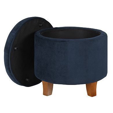 Button Tufted Velvet Upholstered Wooden Ottoman with Hidden Storage, Dark Blue and Brown