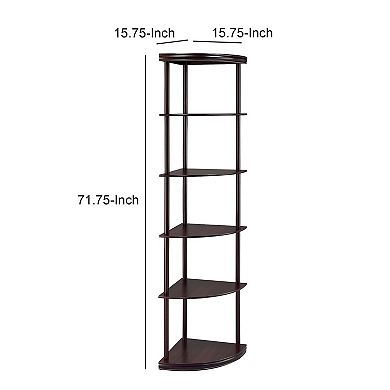 Illuminating corner bookcase with five pie shaped shelves, Brown
