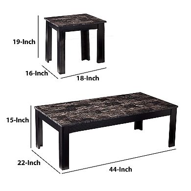 Impressive 3 piece occasional table set with marble top, black
