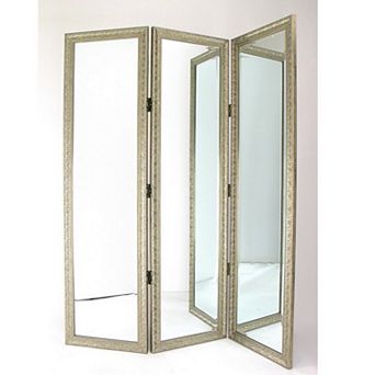 Full Size Dressing Screen with 3 Panel Resin Engraved Frame, Gold