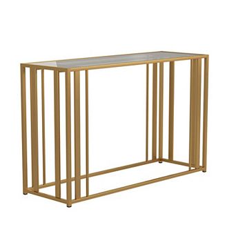Glass Top Sofa Table with Metal Tubular Base, Brass