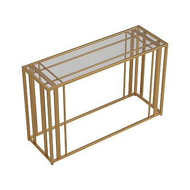 Glass Top Sofa Table with Metal Tubular Base, Brass
