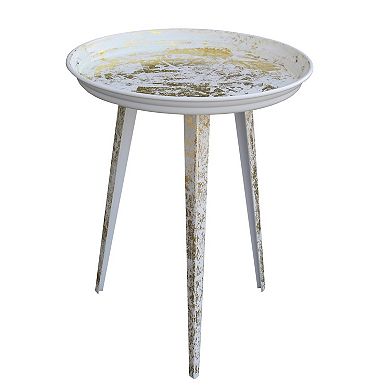 20 Inch Artisanal Industrial Round Tray Top Iron Side End Table, Tripod Base, Distressed White, Gold