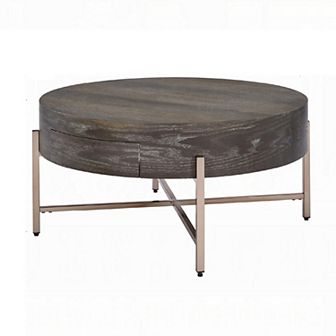 1 Drawer Round Modern Coffee Table with Crossed Metal Legs, Brown and Gold