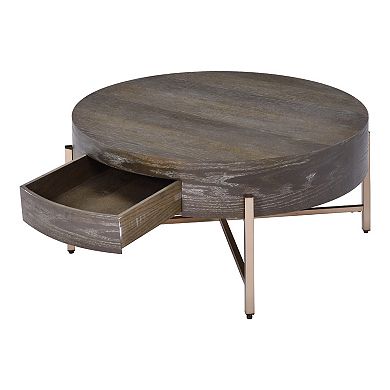 1 Drawer Round Modern Coffee Table with Crossed Metal Legs, Brown and Gold