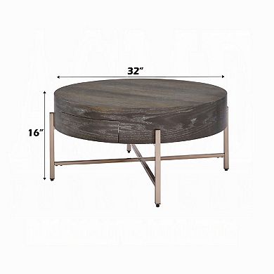 1 Drawer Round Modern Coffee Table with Crossed Metal Legs, Brown and Gold