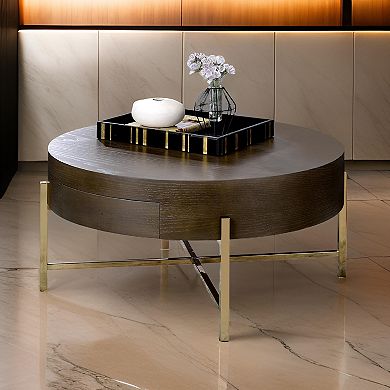 1 Drawer Round Modern Coffee Table with Crossed Metal Legs, Brown and Gold