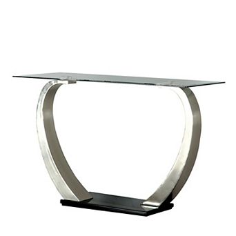 Rectangular Glass Top Sofa Table with Curved Pedestal Base, Black and Gray