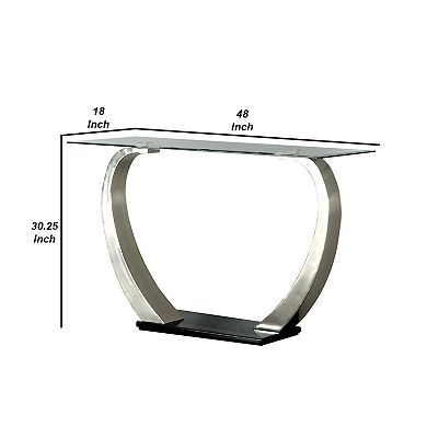 Rectangular Glass Top Sofa Table with Curved Pedestal Base, Black and Gray