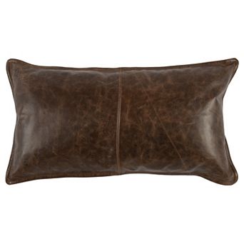 Leatherette Throw Pillow with Stitched Details and Flanged Edges,Dark Brown