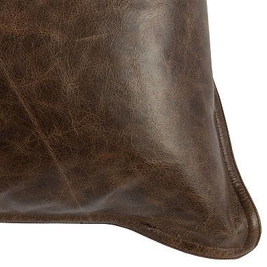 Leatherette Throw Pillow with Stitched Details and Flanged Edges,Dark Brown
