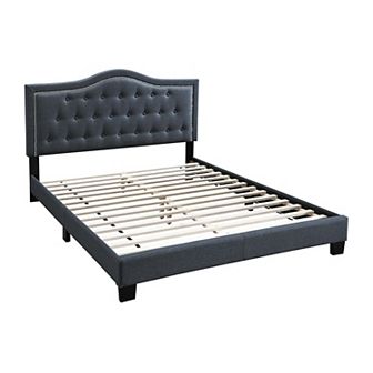 Button Tufted Queen Burlap Bed with Curved Headboard, Charcoal Gray