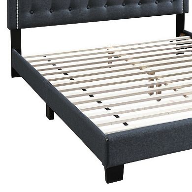 Button Tufted Queen Burlap Bed with Curved Headboard, Charcoal Gray