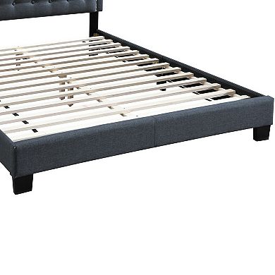 Button Tufted Queen Burlap Bed with Curved Headboard, Charcoal Gray