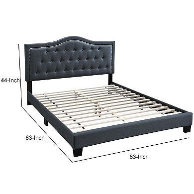 Button Tufted Queen Burlap Bed with Curved Headboard, Charcoal Gray