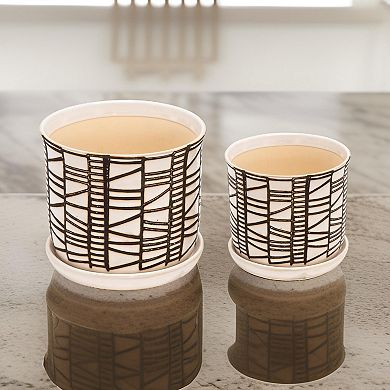 Planter with Saucer and Abstract Design, Set of 2, White and Brown