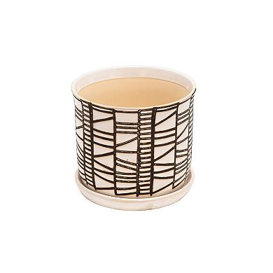Planter with Saucer and Abstract Design, Set of 2, White and Brown