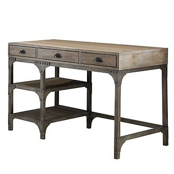 Wood And Metal Desk With Three Drawers And Two Side Shelves, Oak Brown And Gray