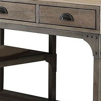 Wood And Metal Desk With Three Drawers And Two Side Shelves, Oak Brown And Gray