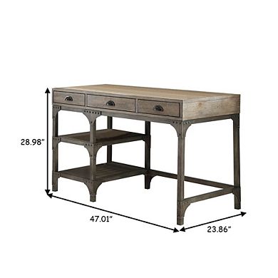 Wood And Metal Desk With Three Drawers And Two Side Shelves, Oak Brown And Gray