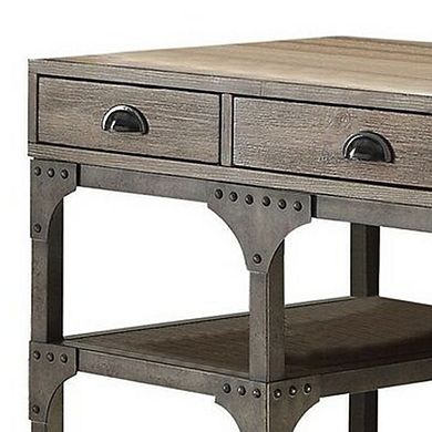 Wood And Metal Desk With Three Drawers And Two Side Shelves, Oak Brown And Gray