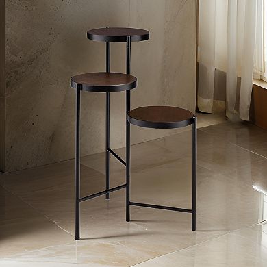 3 Tier Plant Stand with Round Wooden Shelves and Foldable Design, Black